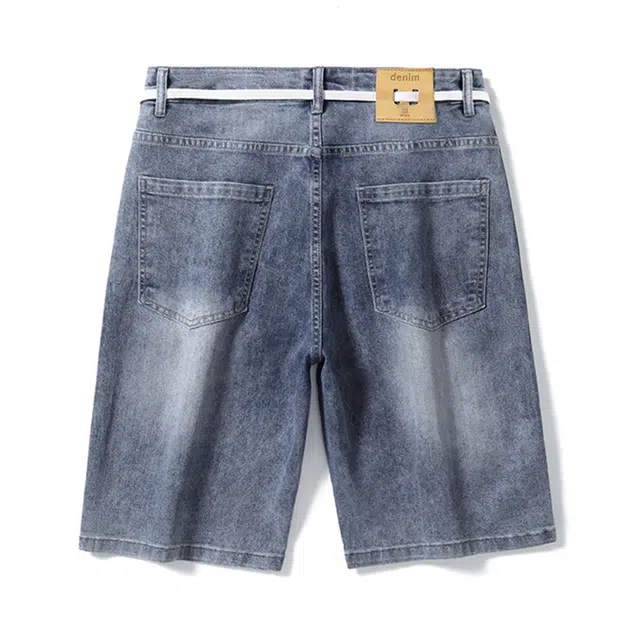 雅鹿 系带中腰时尚潮牌百搭水洗耐磨薄款高街五分牛仔短裤 男款 蓝灰