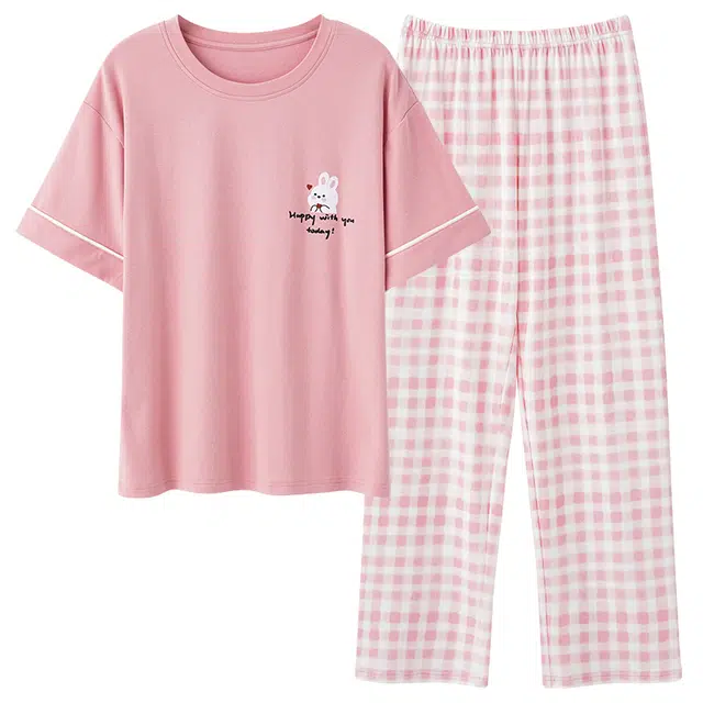 雅鹿 小兔子字母带胸垫上衣舒适简约格子裤子睡衣套装 女款 粉色