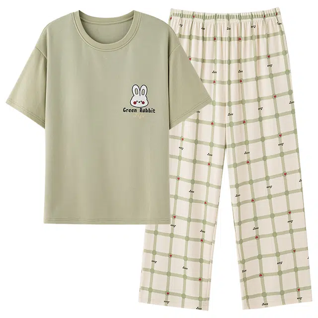 雅鹿 短袖长裤宽松套头高级感睡衣套装 女款 浅绿色