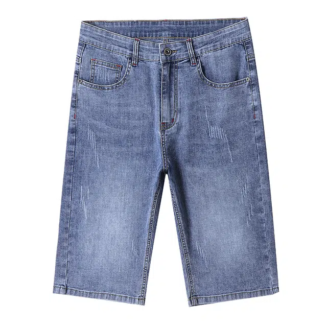 雅鹿 百搭复古水洗薄款耐磨宽松五分牛仔短裤 男款 磨白蓝