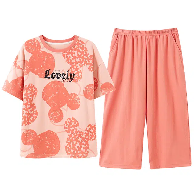 浪莎 卡通字母印花圆领套头短袖上衣松紧腰七分裤睡衣套装 女款 虾粉色