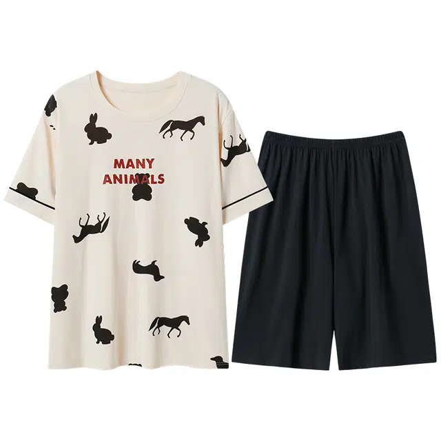 浪莎 简约卡通满印圆领套头短袖上衣松紧腰短裤睡衣套装 男款 图片色