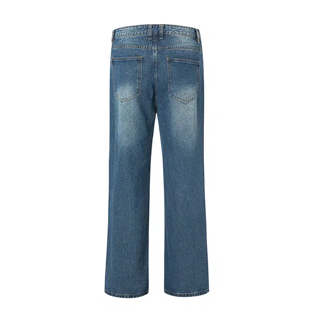 雅鹿 宽松水洗百搭美式高街复古休闲阔腿牛仔裤 男女同款 蓝色