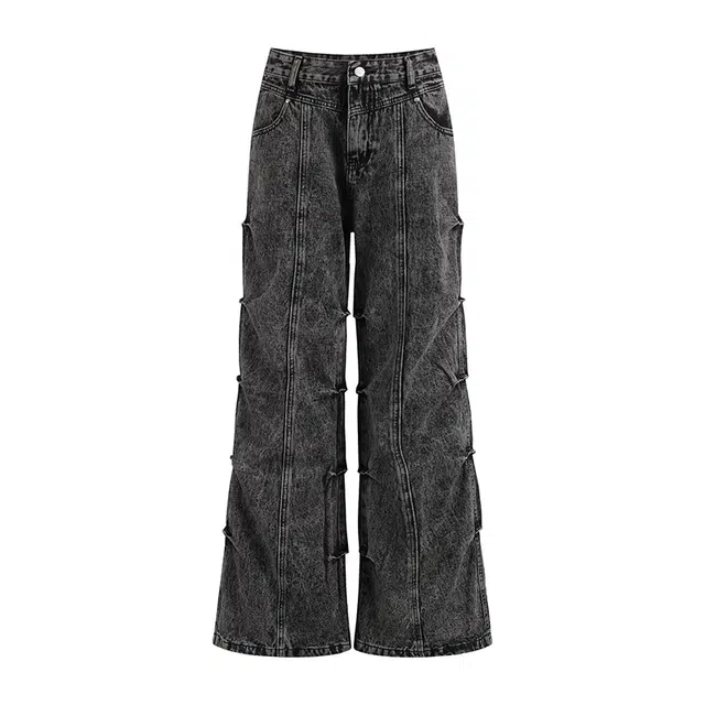 雅鹿 微喇潮牌做旧百搭休闲宽松阔腿水洗耐磨高腰牛仔裤 男女同款