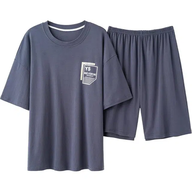 浪莎 印花休闲简约舒适短袖上衣松紧腰五分裤睡衣套装 男款 灰色