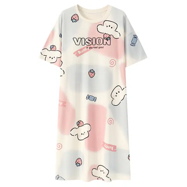 浪莎 带胸垫纯棉舒适透气短袖睡衣休闲宽松薄款可外穿家居裙睡裙 女款 米白