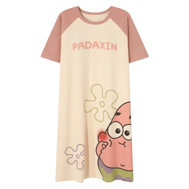 睦隆世家 薄款带胸垫防凸点韩版派大星卡通印花短袖可外穿睡裙 女款 杏色