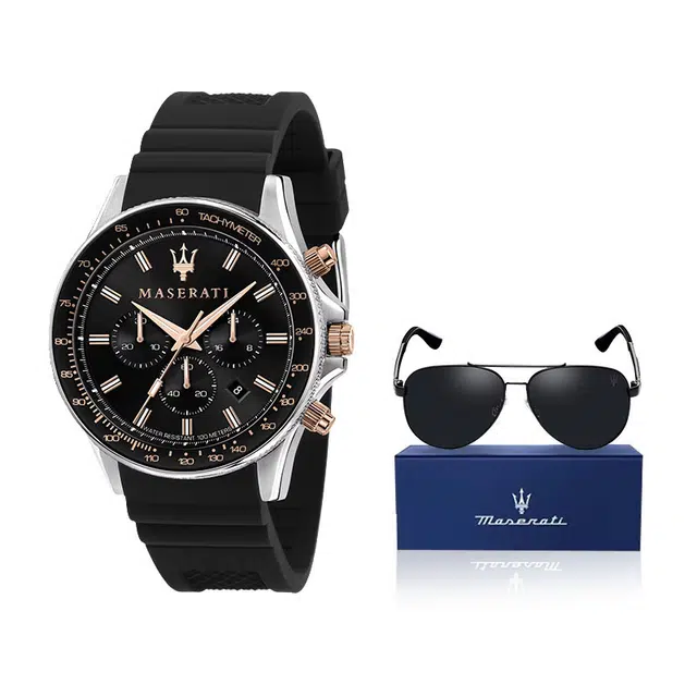 玛莎拉蒂手表男士石英表腕表大表盘时尚潮流防水男款意大利进口腕表首饰轻奢眼镜礼盒装 石英机芯 黑色表盘