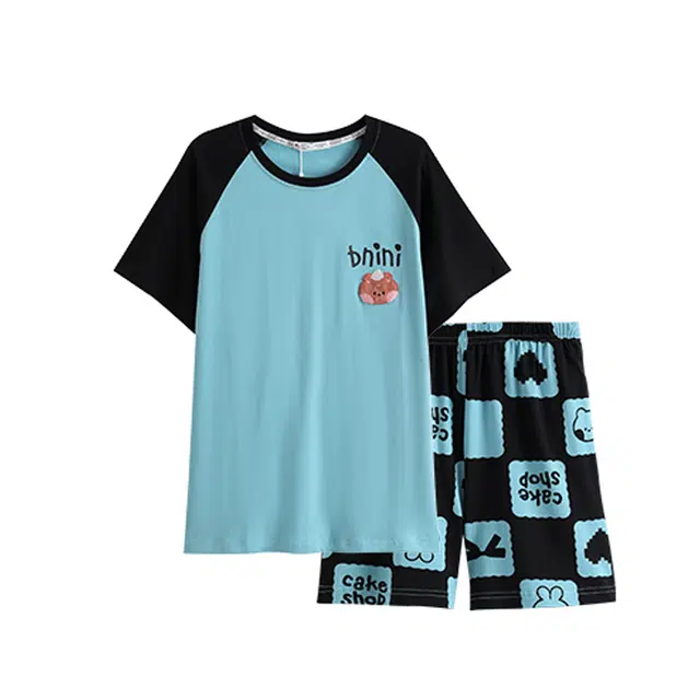 芬腾 简约亲肤舒适透气凉感圆领套头短袖休闲可外穿短裤睡衣套装 男款 湖兰