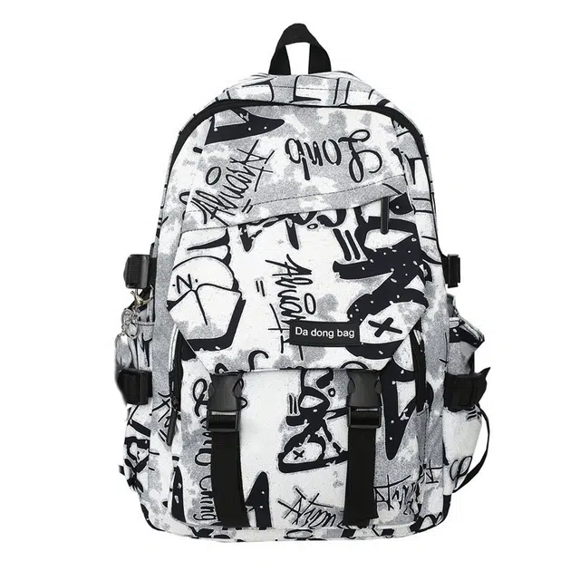 爱尔绅特 涂鸦大容量 尼龙 双肩包 常规 男女同款情侣款 白色 黑色