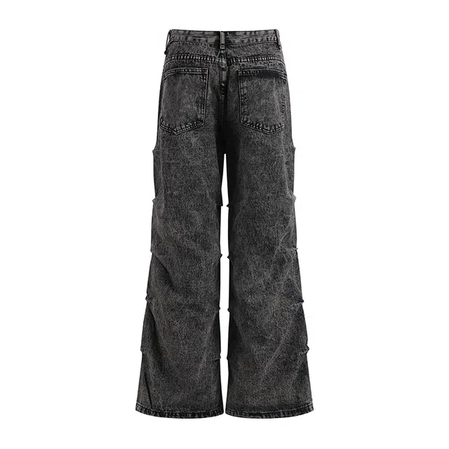 雅鹿 微喇潮牌做旧百搭休闲宽松阔腿水洗耐磨高腰牛仔裤 男女同款