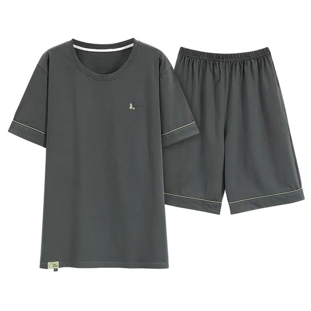 浪莎 印花纯色圆领短袖松紧短裤睡衣套装 男款 灰色