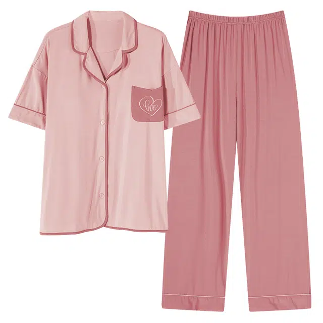 睦隆世家 薄款带胸垫短袖简约休闲长裤睡衣套装 女款 粉红色
