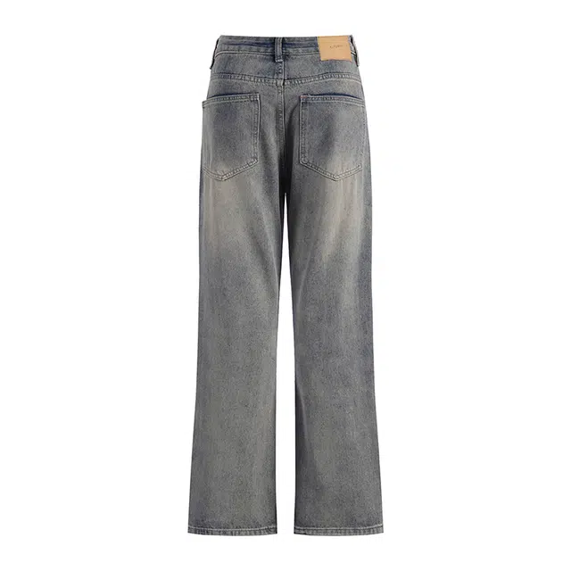 雅鹿 美式复古高街百搭中腰宽松阔腿水洗耐磨中腰休闲牛仔裤 男女同款 怀旧蓝