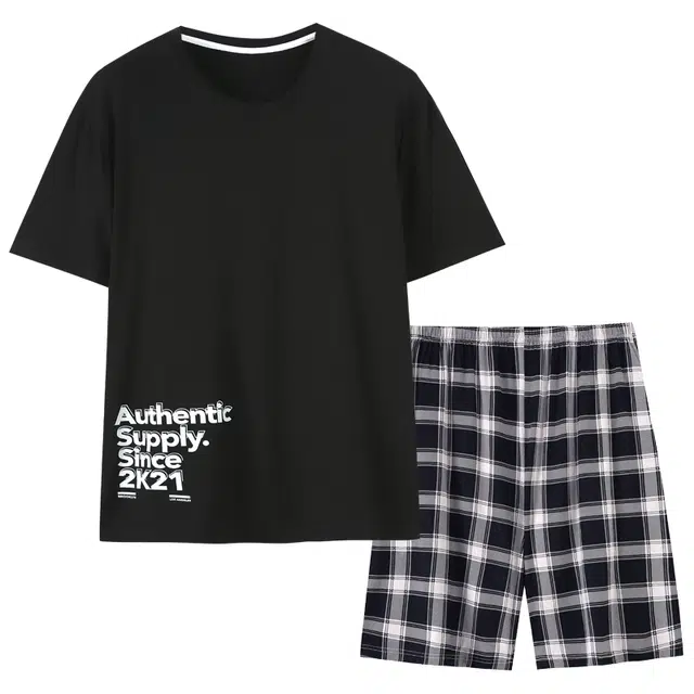 睦隆世家 薄款舒适短袖格子短裤休闲居家可外穿睡衣套装 男款 黑色