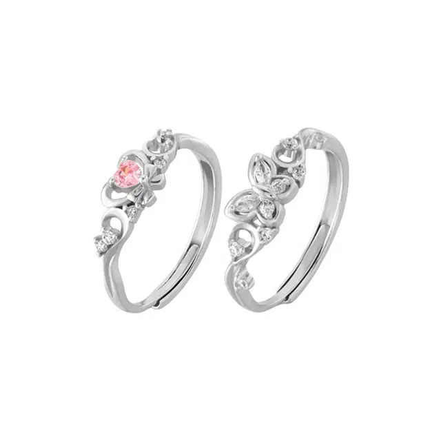 大唐国鼎 翼见钟情 甜蜜恋爱氛围感  小清新甜美精致百搭粉锆爱心结设计对戒开口可调节 合金 戒指 女款