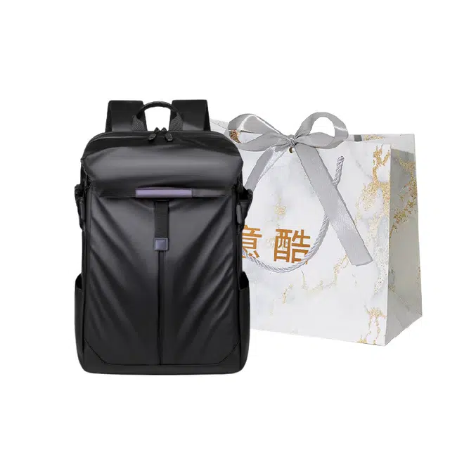 意酷 商务旅行纯色百搭 皮膜 双肩包 男款 黑色