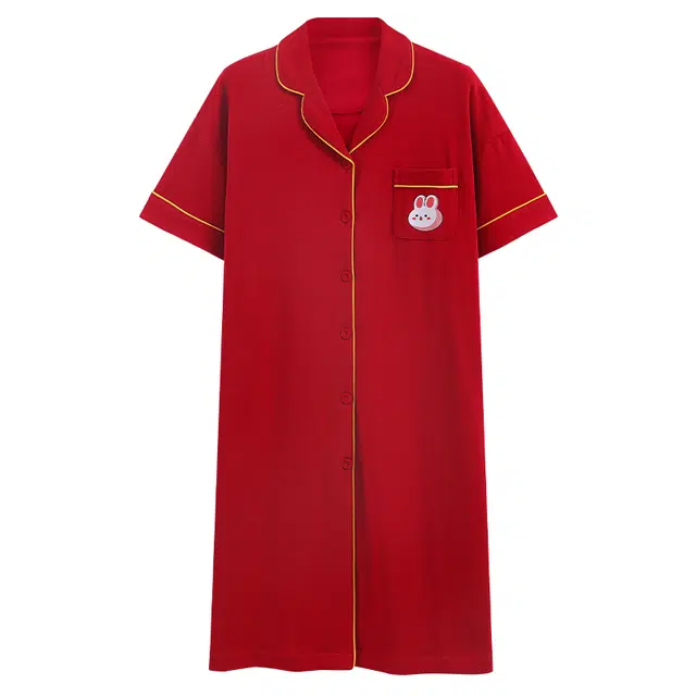 浪莎 翻领简约卡通动漫单排扣短袖睡裙 女款 红色