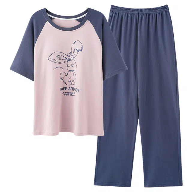 睦隆世家 薄款舒适卡通短袖休闲居家韩版时尚可外穿长裤睡衣套装 女款 藏青色