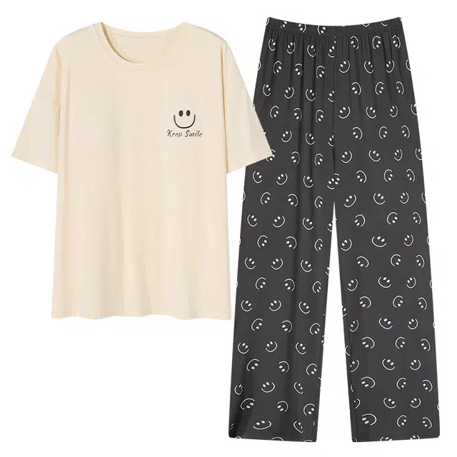 睦隆世家 薄款舒适亲肤带胸垫防凸点短袖休闲韩版可外穿长裤睡衣套装 女款 杏色