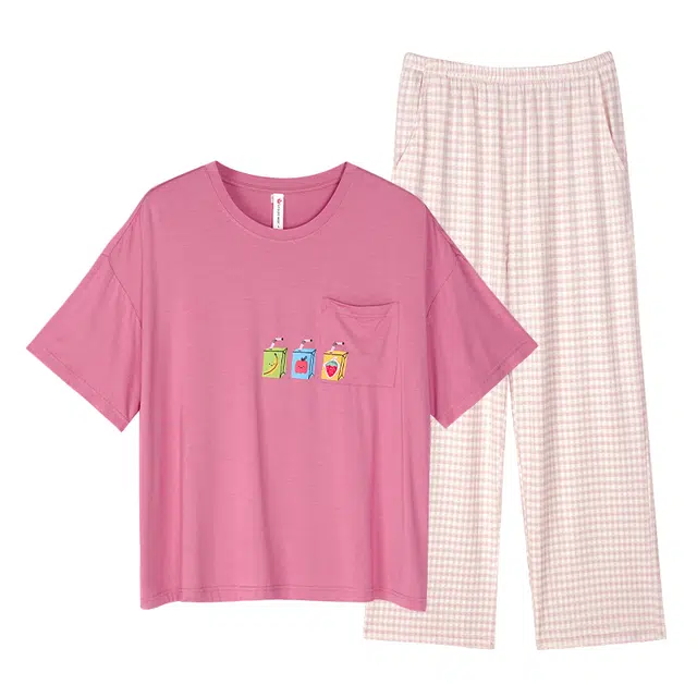 歌倩雅 纯色圆领短袖松紧腰长裤可外穿睡衣套装 女款 玫粉