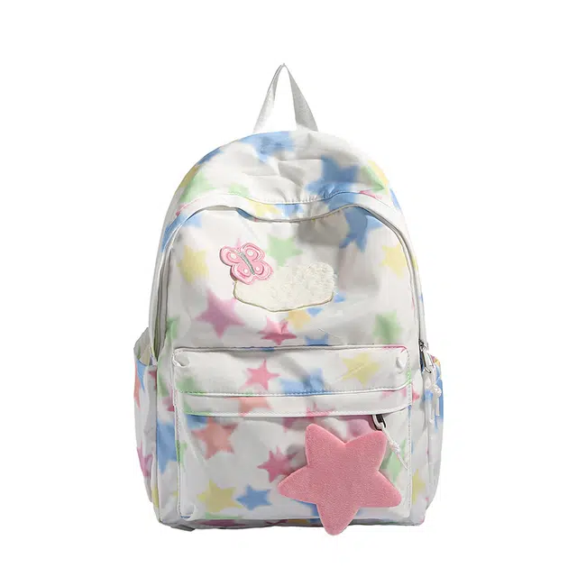 度森袋鼠 百搭学院风五角星彩色女学生森系背包 尼龙 休闲包双肩包 常规 女款 白色