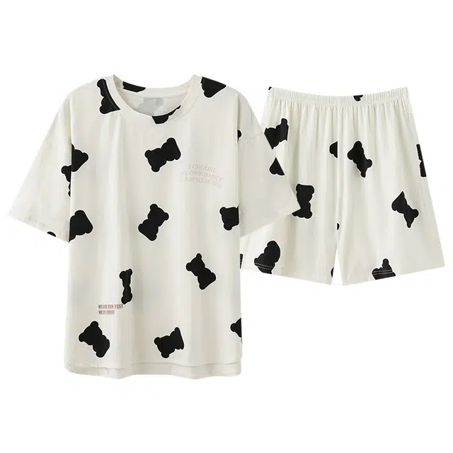 睦隆世家 薄款卡通甜美可爱短袖松紧腰短裤满印时尚休闲可外穿睡衣套装 女款 白色