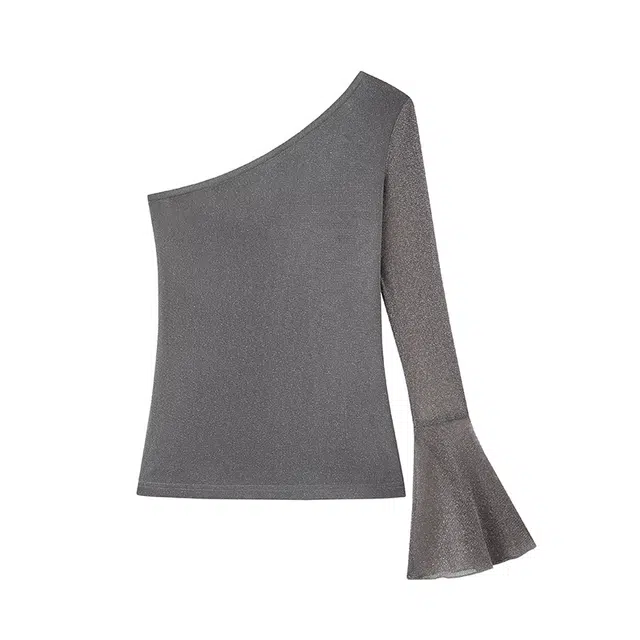 周淼 短款斜肩 手工玫瑰花朵网纱袖银丝针织衫 女款