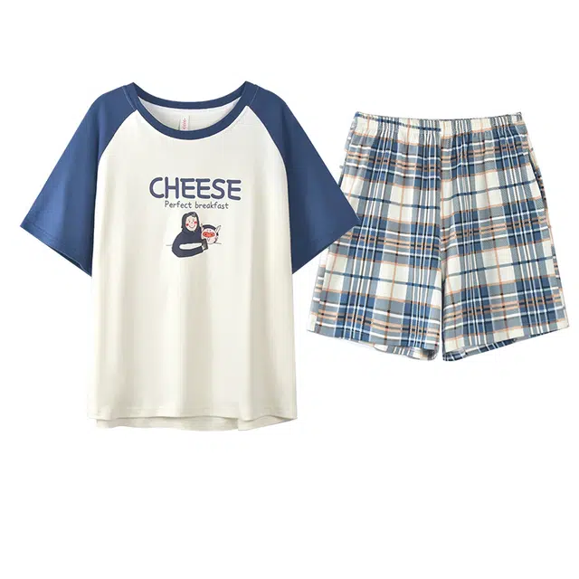 浪莎 休闲甜美圆领短袖松紧短裤睡衣套装 女款 孔雀蓝