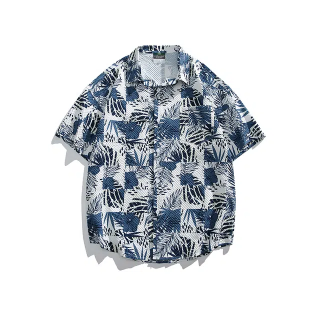 木林森 夏威夷度假风花卉满印宽松短袖衬衫 男女同款 蓝色