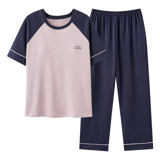 浪莎 圆领拼色短袖上衣透气长裤睡衣套装 女款 紫色