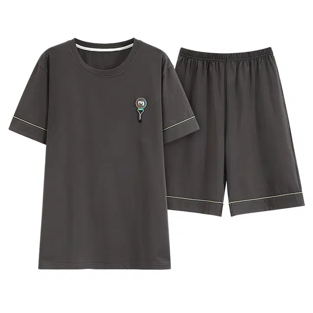 浪莎 纯色圆领短袖上衣松紧腰短裤睡衣套装 男款 灰色