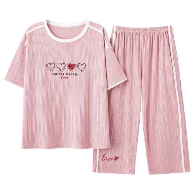 睦隆世家 甜美卡通短袖舒适透气七分裤睡衣套装 女款 浅粉