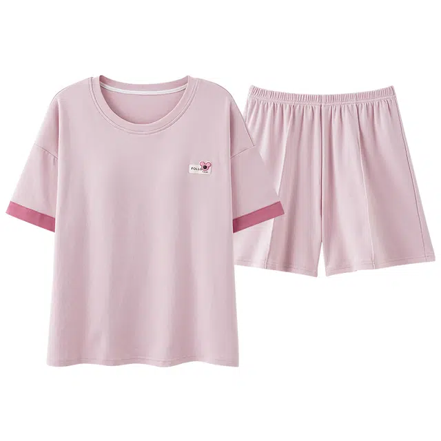 睦隆世家 薄款甜美简约带胸垫防凸点短袖短裤休闲可外穿睡衣套装 女款 藕色