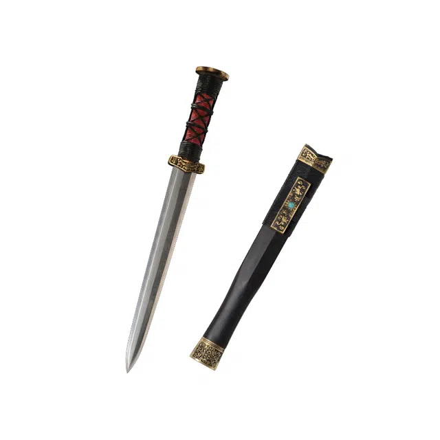 天子剑 战国短剑 黑檀木鞘黄铜篆刻装饰 百炼花纹钢八面剑身 未开刃摆件 成品模型