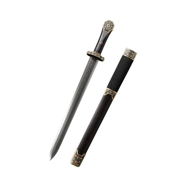 天子剑 神锋剑 黑檀木鞘黄铜镶嵌玛瑙装饰 百炼花纹钢八面剑未开刃摆件 成品模型
