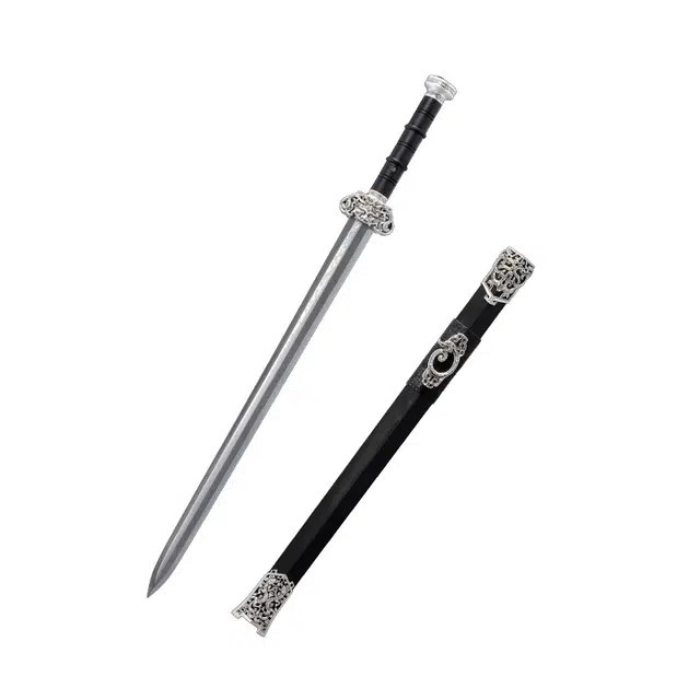 天子剑 白虹剑 乌木鞘合金镂空装饰 百炼花纹钢八面剑身 未开刃摆件 成品模型