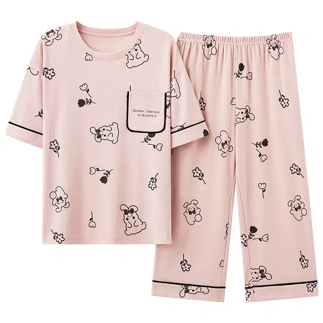 睦隆世家 薄款卡通满印短袖七分裤舒适亲肤睡衣套装 女款 浅粉