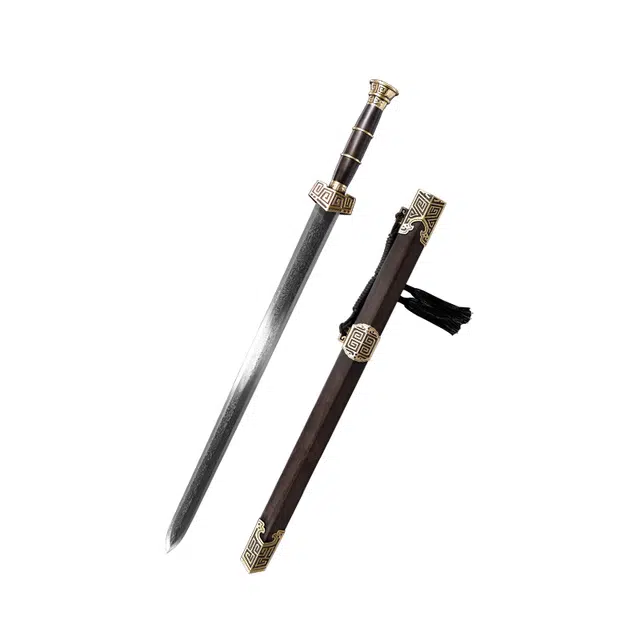 天子剑 秦皇剑 黑檀木鞘黄铜篆刻装饰 百炼花纹钢八面剑身 未开刃摆件 成品模型