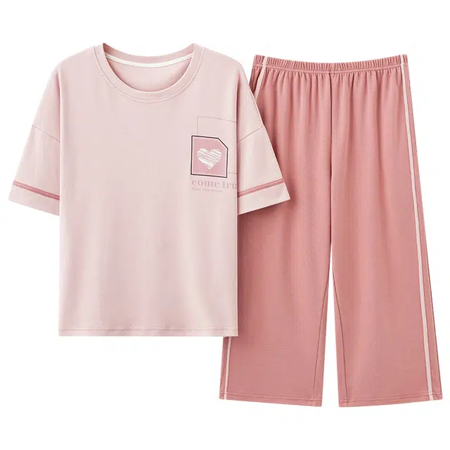 睦隆世家 薄款休闲居家甜美短袖七分裤可外穿睡衣套装 女款 浅粉