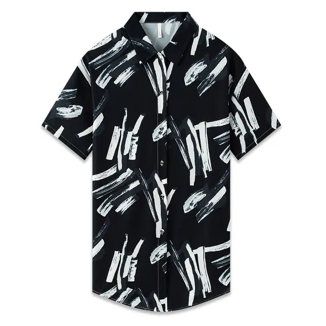 好福份 涂鸦宽松大码睡衣裙翻领短袖冰丝衬衫睡裙 女款 黑色