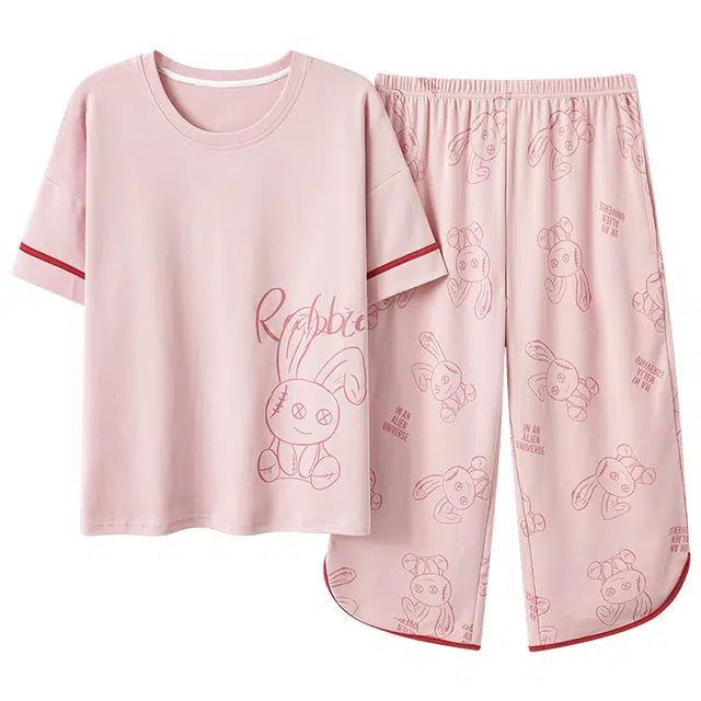 睦隆世家 小兔子圆领上衣满印透气七分裤睡衣套装 女款 藕色