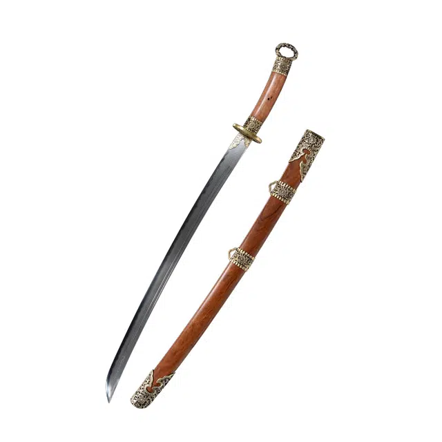 天子剑 盛世环首清刀 酸枝木鞘柄黄铜镂空装饰 百炼花纹钢覆土烧未开刃 成品模型