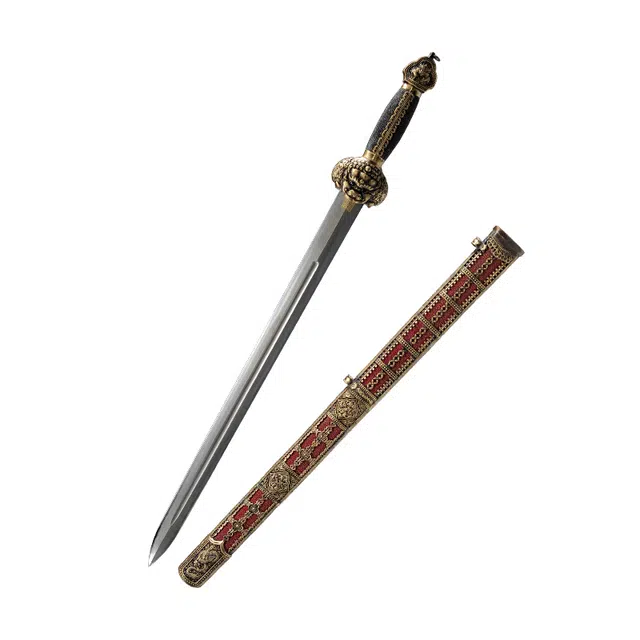 天子剑 永乐帝剑 黄铜镂空外鞘镶嵌珍珠颗粒 鱼皮四面宽剑身开槽未开刃 成品模型