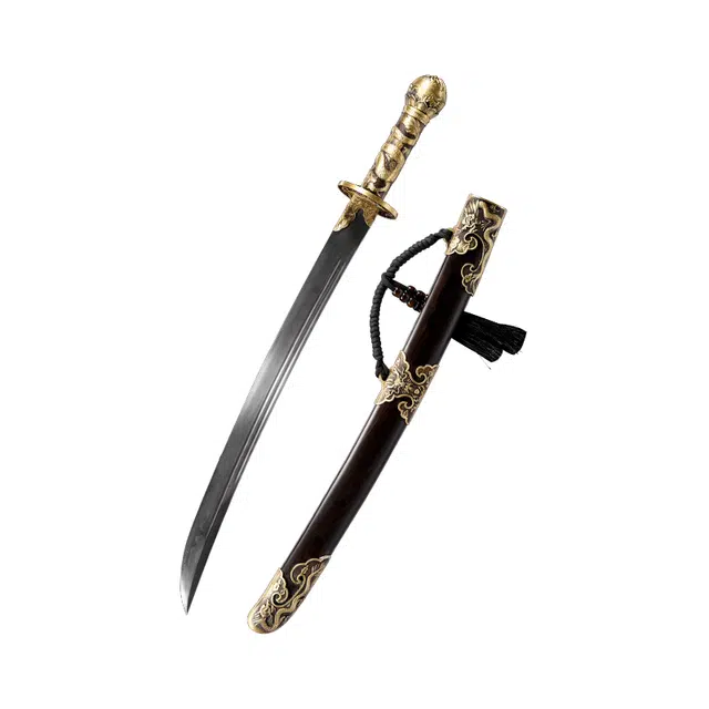 天子剑 盘龙清刀 黑檀木鞘黄铜手柄装具 百炼花纹钢覆土烧刃刀身未开刃 成品模型