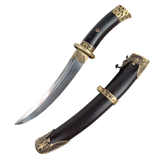天子剑 金蝠 蒙古刀黑檀木实木鞘柄黄铜篆刻 装饰百炼花纹 钢刀身未开刃 成品模型