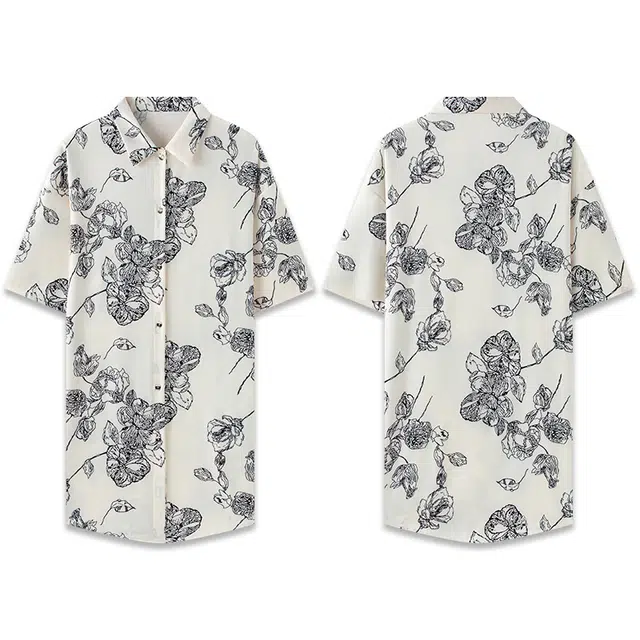 好福份 简约宽松大码短袖睡衣裙男友风冰丝衬衫睡裙 女款 米白色