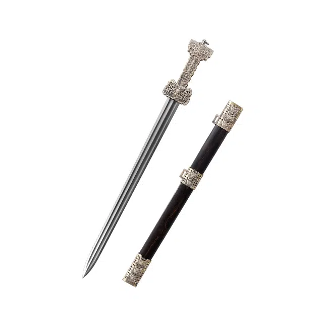 天子剑 泰阿剑 黑檀木鞘黄铜篆刻装饰 百炼花纹钢双槽剑身 未开刃摆件 成品模型