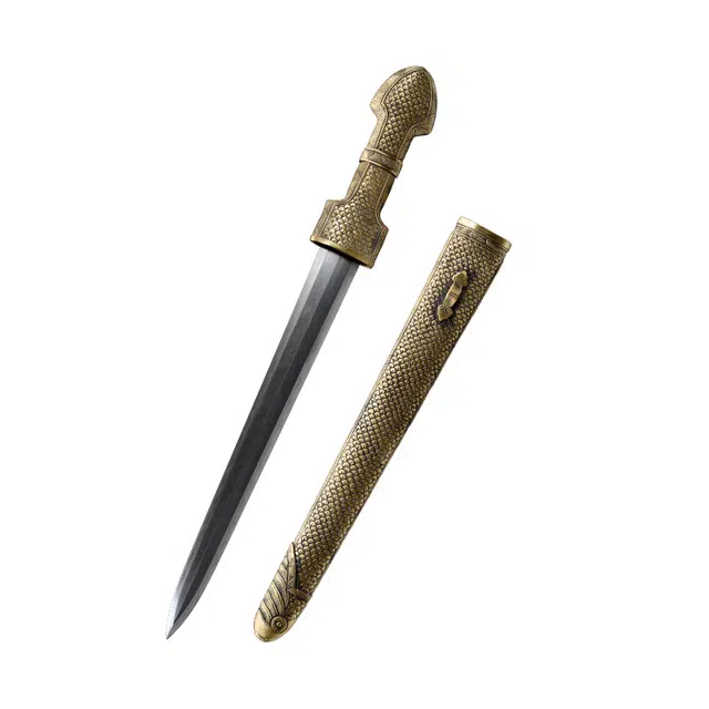 天子剑 鱼肠剑 黄铜一体篆刻剑鞘手柄百炼花纹钢羽毛纹覆土烧刃未开刃 成品模型