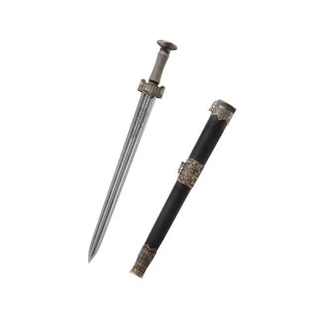 天子剑 百福剑 黑檀木鞘黄铜篆刻福字装饰百炼花纹钢剑身未开刃摆件 成品模型